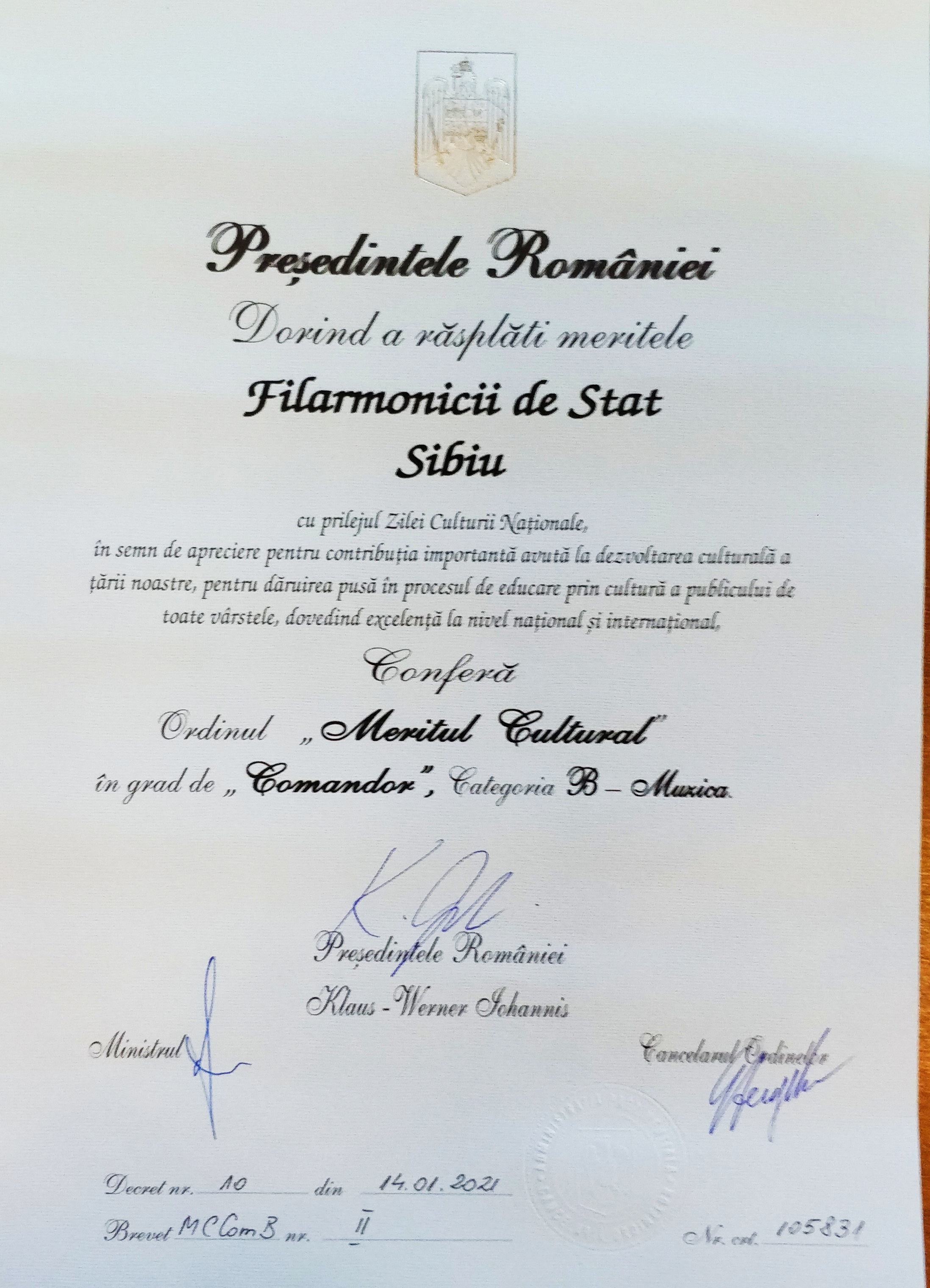 Filarmonica Sibiu decorată de Președintele României